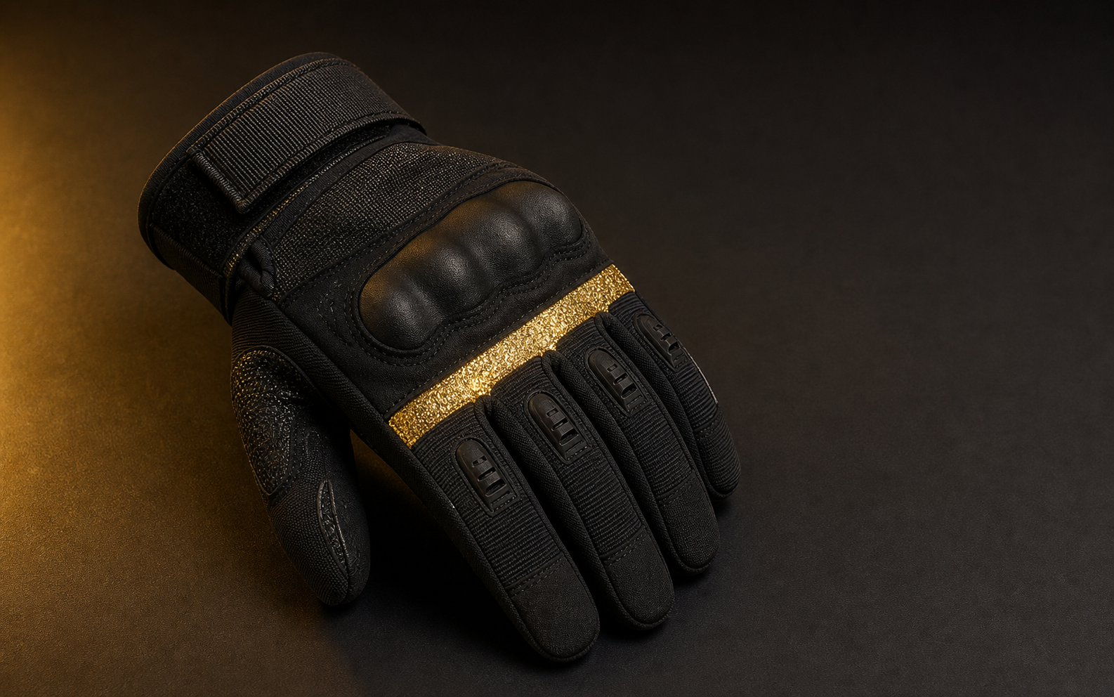 Black tactical safety glove with gold reflective tape